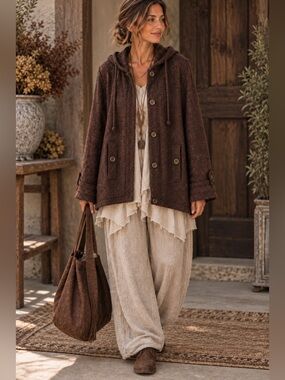 David Brooks Vintage 100% Wool Chocolate Brown Lagenlook Earthcore Hood Sweater